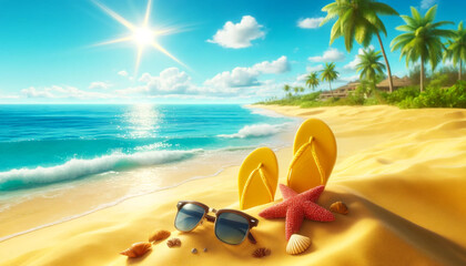 Yellow Sandals and Glasss on the Beach