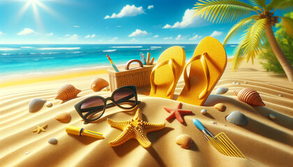 Yellow Sandals and Glasss on the Beach