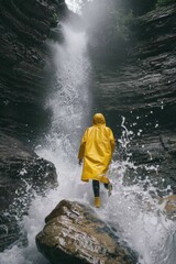 Obraz premium A person stands on a rocky outcrop near a waterfall, wearing a bright yellow raincoat
