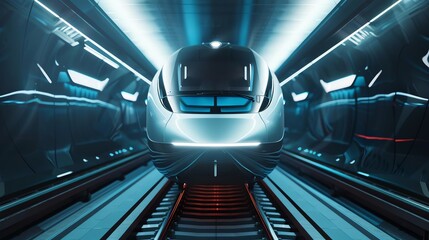Maglev train floating above tracks, front view, magnetic levitation transport