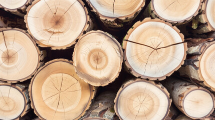 Stack of freshly cut tree logs showing cross-sections with growth rings. Natural wood texture and pattern detail