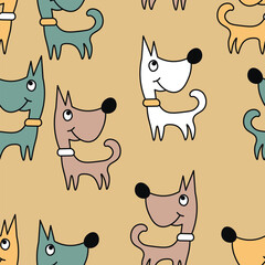 Vector seamless repeating childish pattern with cute dogs in Scandinavian style. Animals background with dog, pets, puppy for invitation, poster, card, flyer, textile, fabric