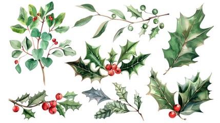 Obraz premium A collection of colorful illustrations featuring holly leaves and berries