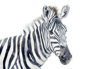 Fototapeta premium Zebra in a wildlife watercolor illustration style, isolated on a pristine white background. Conceptual and creative animal art showcasing abstract brush strokes combined with realism. Great for print