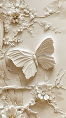Beautiful butterfly 3d relief wallpaper. Mural wallpaper. Wall art. AI generated illustration.