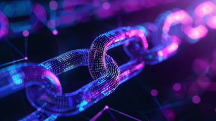 Visually striking 3d render of a blockchain network with glowing nodes and binary code