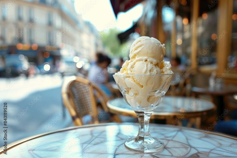 Poster a single serving of ice cream sits on a table, ready to be enjoyed