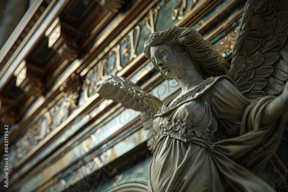 Poster A statue of an angel with a clock in the background, suitable for use in various scenes and designs