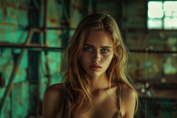 Naklejka premium A young woman wearing a bikini poses for the camera, with a beach or pool setting implied