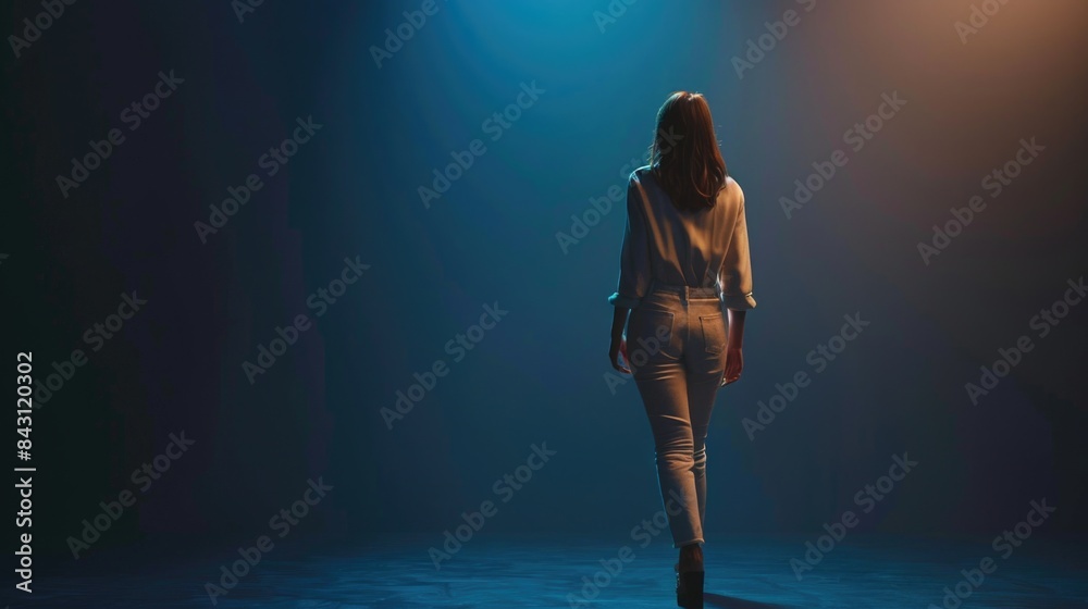 Poster a person stands in a dimly lit space with shadows surrounding them