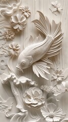 Beautiful fish 3d relief wallpaper. Mural wallpaper. Wall art. AI generated illustration.