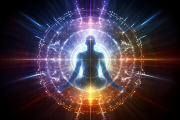 Fototapeta premium Virtual Enlightenment: Human Figure Embraced by Circuits and Light Rays