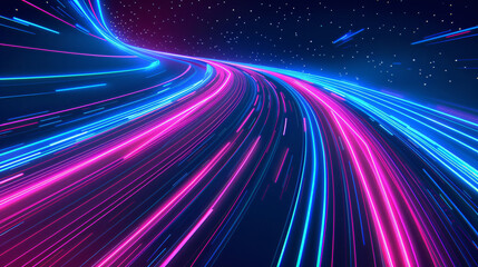 Abstract digital landscape with vibrant neon light trails against a starry sky background