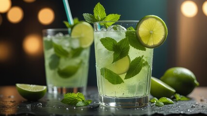 Fototapeta premium A vibrant mojito with fresh mint leaves, lime slices, and a straw in a highball glass, with condensation droplets on the glass, set on a wooden surface.