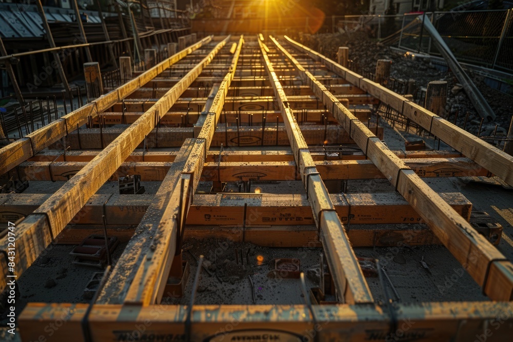 Poster aerial view of a construction site with sunset in the background, highlighting the contrast between 
