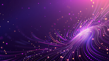 Glowing particle waves and bokeh effect on a vibrant purple background