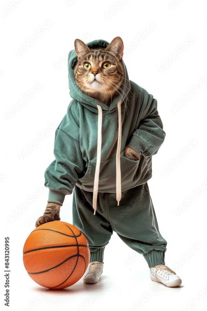 Wall mural A curious cat wearing a hoodie plays with a basketball ball