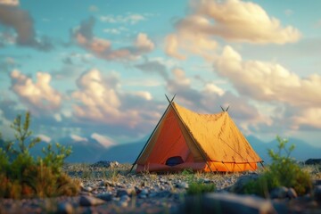 A bright orange tent sits atop a rugged rocky field, offering a pop of color against the natural landscape
