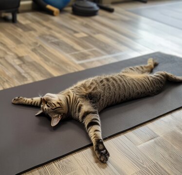 A tabby cat stretched out on a yoga mat, appearing relaxed and content, lying on its back with its legs and paws extended - AI Generated Digital Art