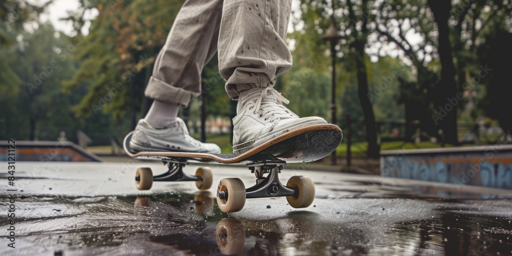 Poster a person riding a skateboard on a wet surface, possibly after rain or in a misty environment