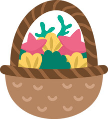 Vector basket with seashells, sea stars and seaweeds isolated on white background. Ocean harvest icon. Summer, underwater or ocean life clipart. Cute flat aquatic or mermaid illustration for kids.