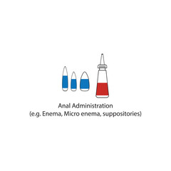 Diagram showing Anal Administration - Enema, Micro enema, suppositories - drug delivery route scientific illustration.