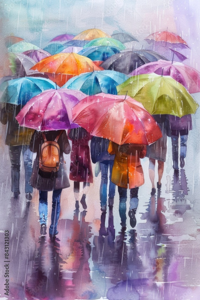 Poster group of individuals navigating through rainy day with waterproof protection, suitable for weather-r