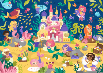 Vector mermaid land landscape illustration with castle, fish, seaweeds, treasure, princes and princesses. Under the sea, ocean kingdom scene. Cute horizontal fairytale or water nature background.
