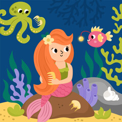 Vector landscape illustration with mermaid sitting on the rock combing hair. Ocean or sea kingdom scene with seaweeds, octopus, marine princess. Cute square fairytale background for kids.
