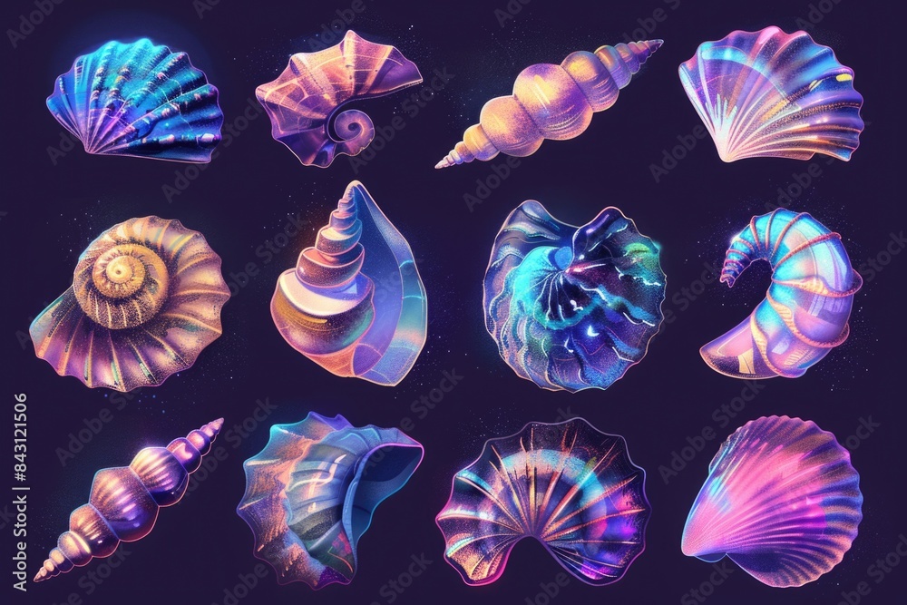 Poster collection of colorful seashells against a dark background