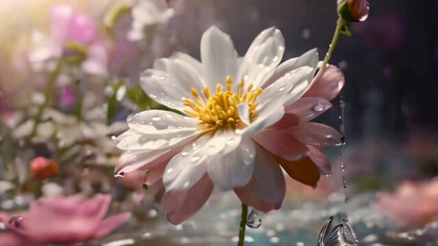 Amera is flying around the flower in right direction, hyper lapse, the drops on the flowers are slowly moving, dripping, hyper realistic, cinematic.