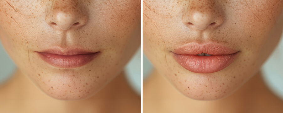 Cropped shot of young ginger woman's face with lips before and after lip enhancement. Injection of filler in lips. Lip augmentation.	