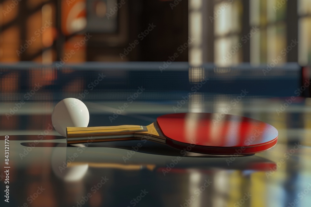 Poster a ping pong paddle and ball on a table, ready for play