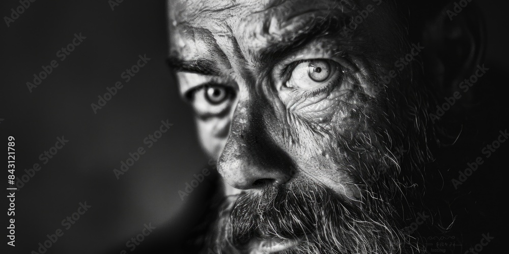 Poster A black and white photo of a man with a beard, suitable for use in articles or profiles