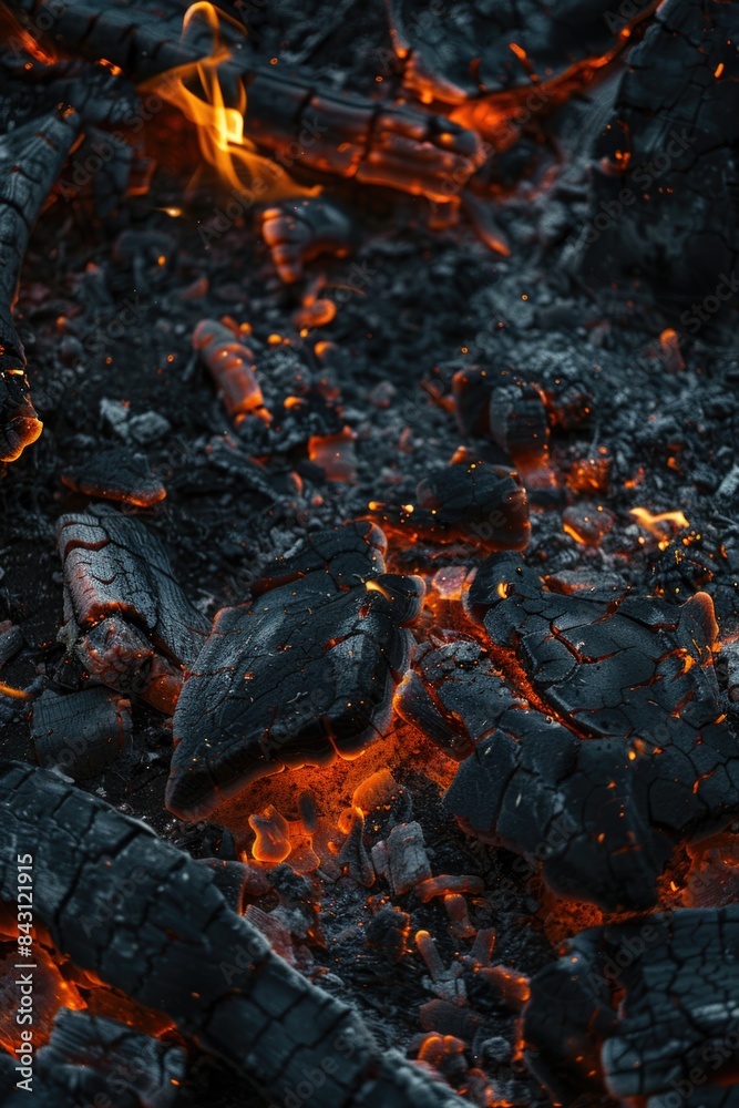Aufkleber a close-up shot of a pile of charcoal surrounded by flames, suitable for use in scenes where fire is