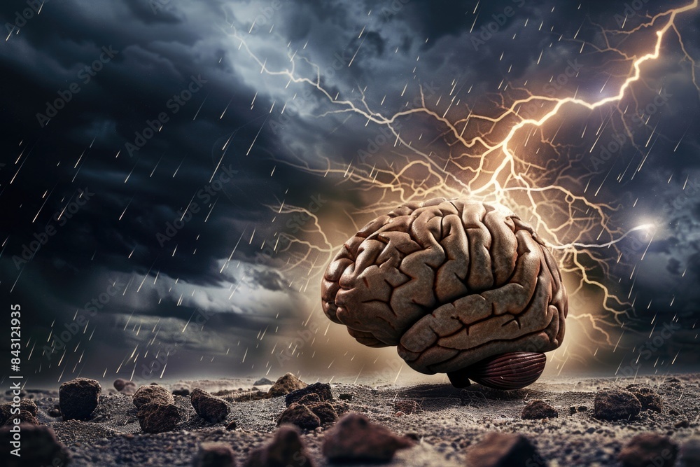 Poster a brain with electricity sparking from the top