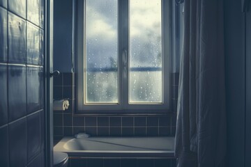 Fototapeta premium A bath tub sits under a window in a bathroom, offering a view of the outside
