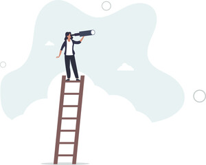 future or business discovery concept, businesswoman climb up ladder looking on telescope.flat vector illustration.
