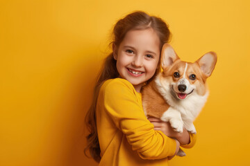 adorable young girl in yellow embracing her corgi with a big smile, vibrant portrait