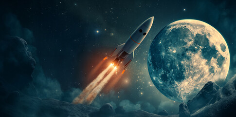 Obraz premium a rocket taking off from the moon with Earth in the background. Space travel concept