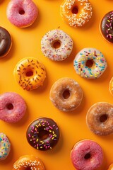 Freshly baked donuts decorated with colorful sprinkles on a bright yellow surface, perfect for food photography or advertising