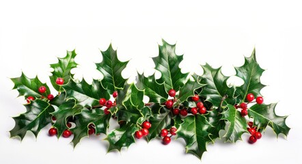 Holly Berries Isolated. Christmas Collection of Green Holly Leaves and Red Berries on White Background