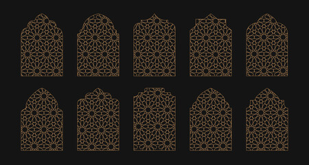 Obraz premium Oriental shape gold windows, doors with mashrabiya pattern. Arabian islamic arhitecture elements on dark background