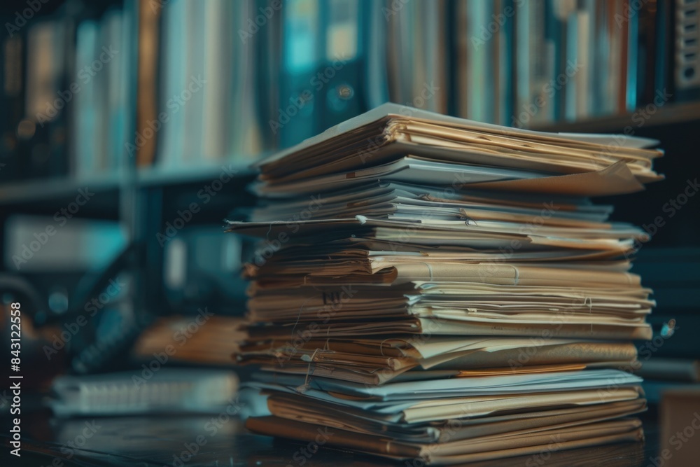 Poster A stack of papers resting on a table surface