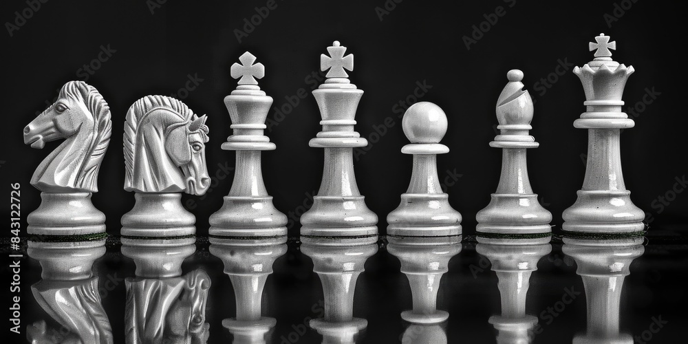 Poster a group of chess pieces sit on top of a table, ready for a game