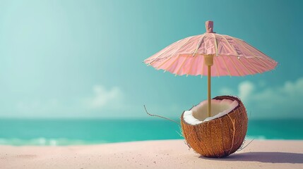 Tropical beach concept made of coconut fruit and sun umbrella. Creative minimal summer idea.