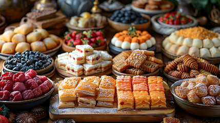 Traditional Ramadan dessert table sweets and pastries for iftar