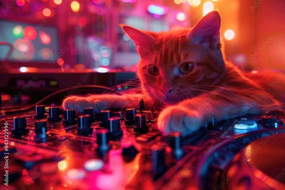 Aufkleber A cat lying on top of a mixing board, possibly in a recording studio or home music setup