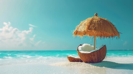 Tropical beach concept made of coconut fruit and sun umbrella. Creative minimal summer idea.