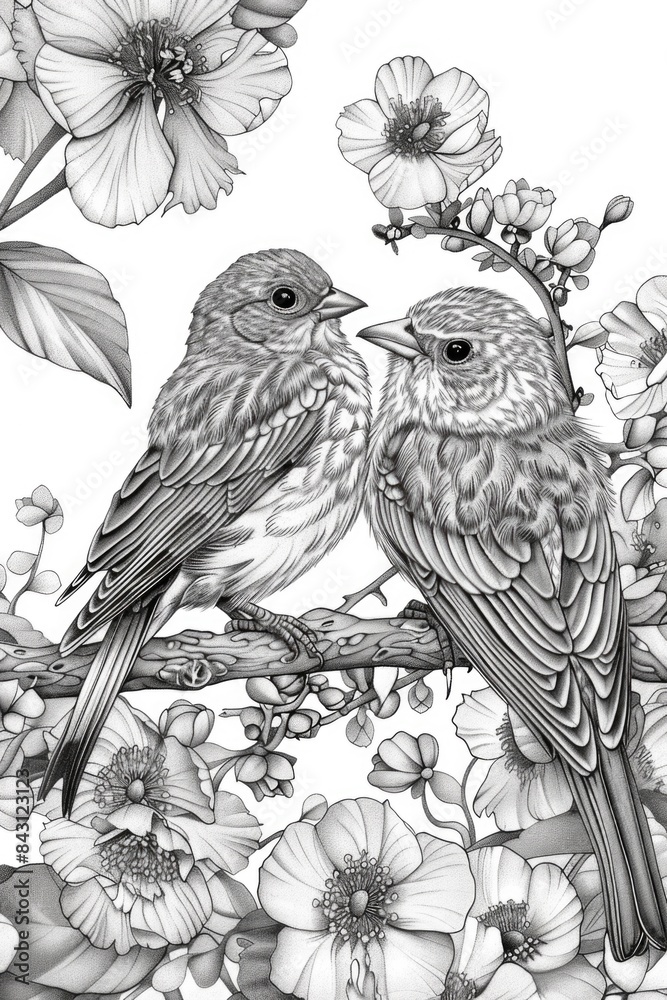 Poster Two birds resting on a tree branch, possibly taking in the surrounding view